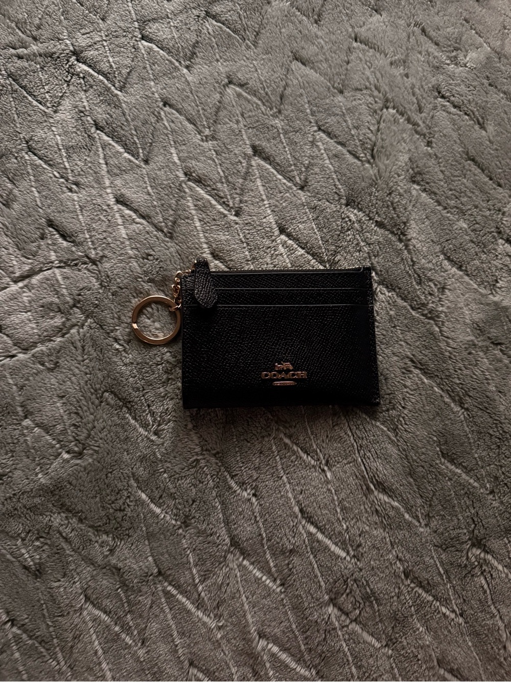 Coach Black Leather Card Holder with Gold-Tone Keyring